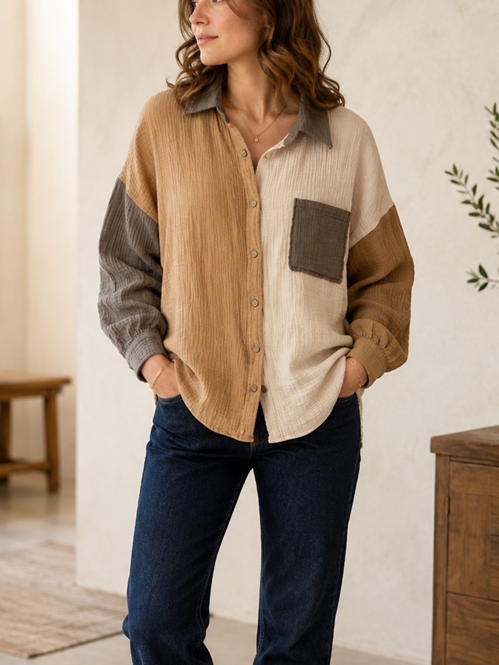 Neutral Colorblock Cotton Gauze Oversized Button Down Shirt Peach Love M